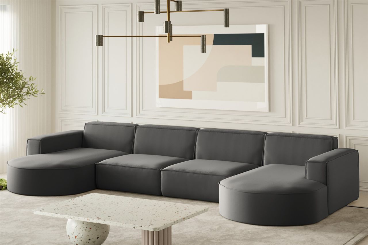 Wohnlandschaft U-Form Sofa PALMA XL in Stoff Opera Velvet Steel