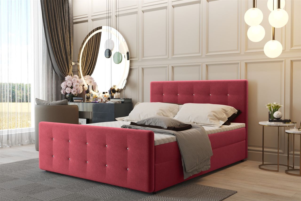 Boxspringbett Schlafzimmerbett CARLOS 140x200cm Stoff Soro Rot inkl.Bettkasten