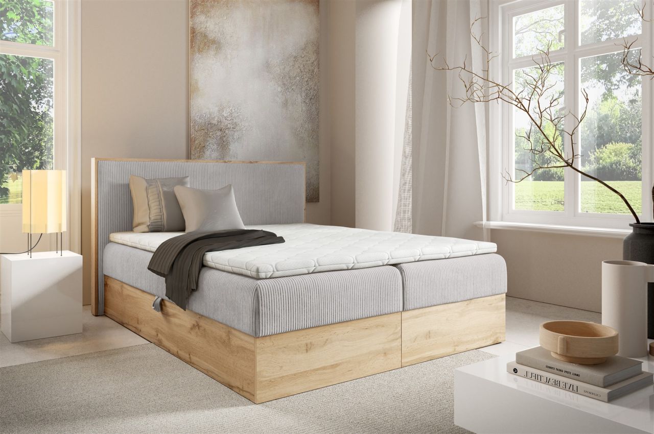 Boxspringbett Schlafzimmerbett ROLAND 160x200cm in Stoff Lincoln Hellgrau