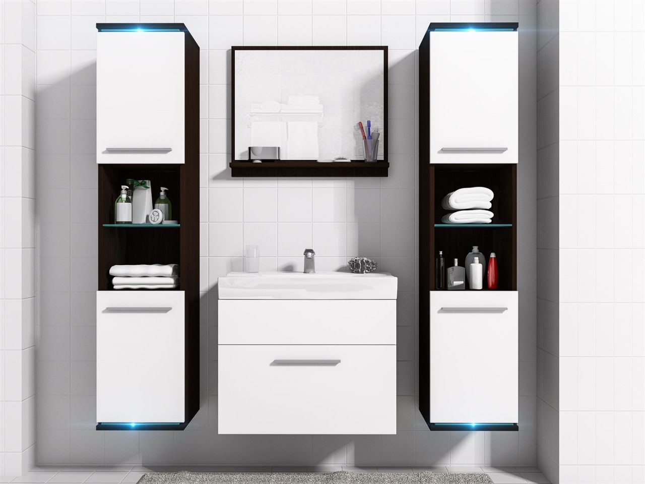 Badmöbel Set 5-Tlg Wenge / Weiss matt TOPLINE inkl.Waschtisch inkl.LED