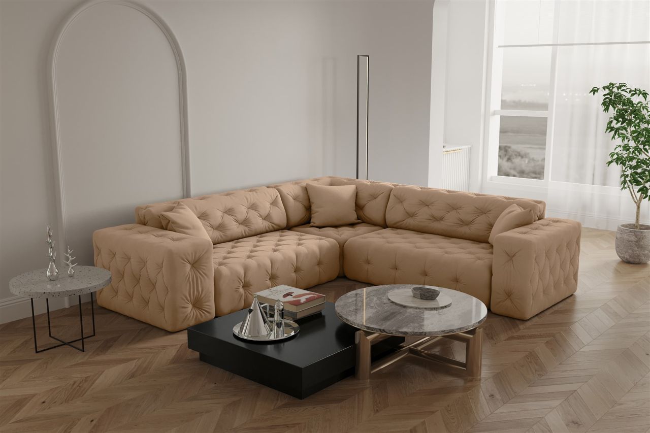 Ecksofa Designersofa CHANTAL in Stoff Opera Velvet Beige Seite Universal