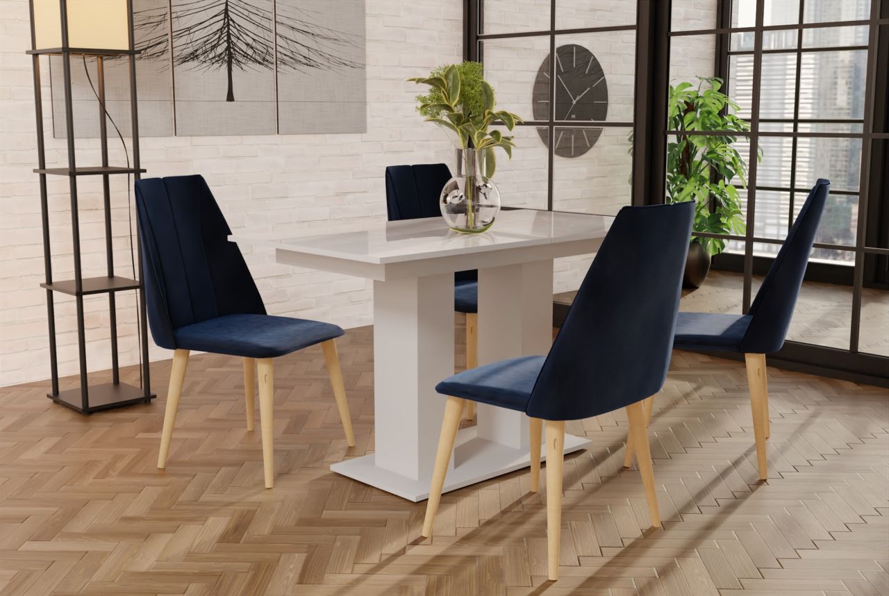 Essgruppe Weiss HGL-Tisch mit 4 Dunkelblau CAROS Stühlen für Esszimmer oder K...