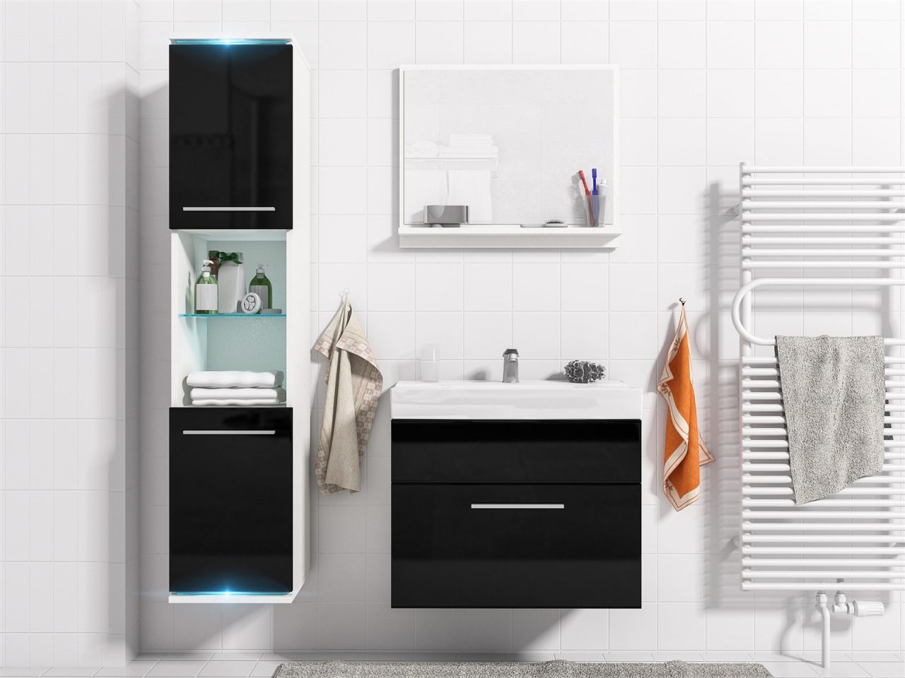Badmöbel Set 4-Tlg Weiss / Schwarz HGL TOPI inkl.Waschtisch