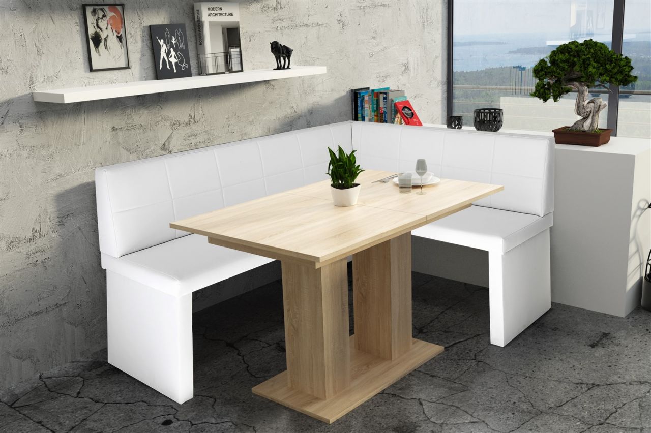 Eckbankgruppe 168x128 cm ROBIN L Weiss / Esstisch DANTE Sonoma Eiche