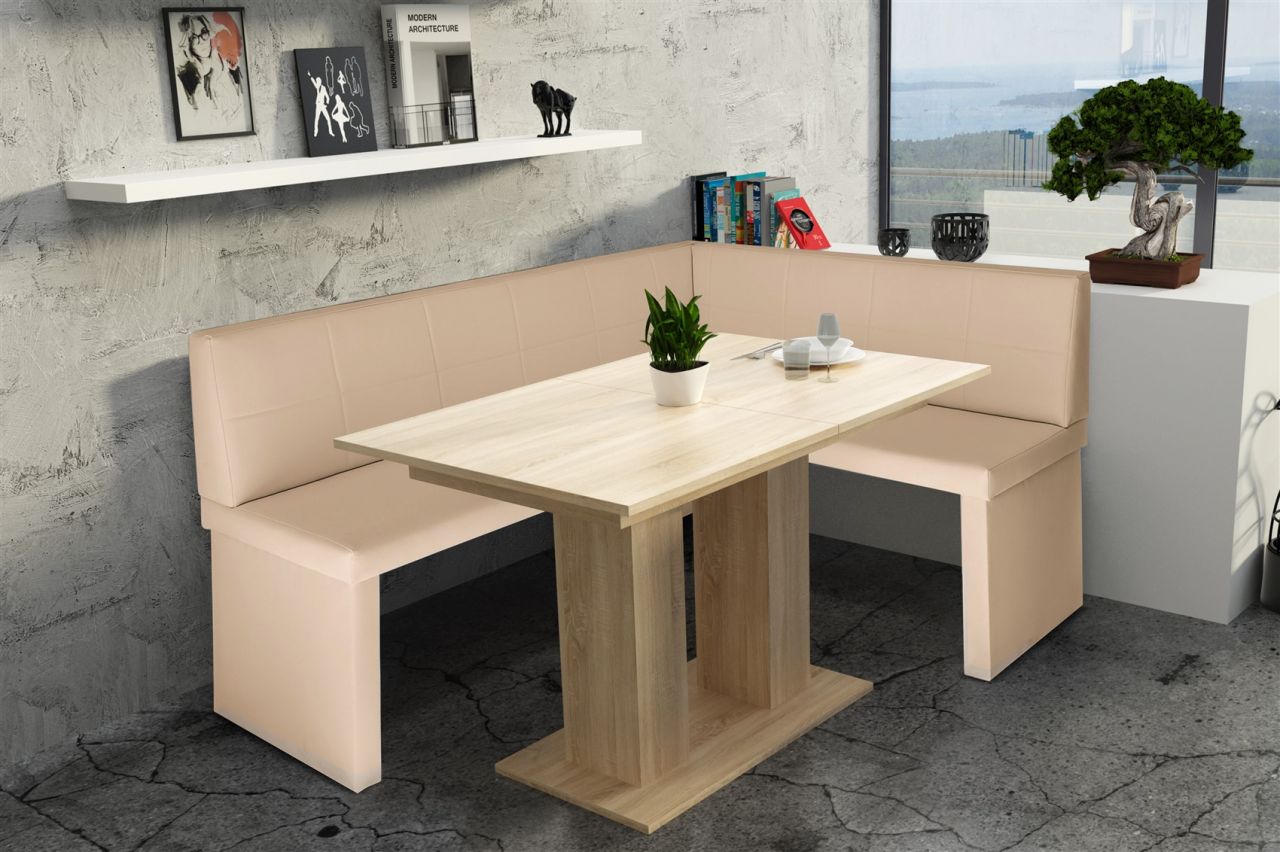 Eckbankgruppe 168x128 cm ROBIN L Creme / Esstisch DANTE Sonoma Eiche