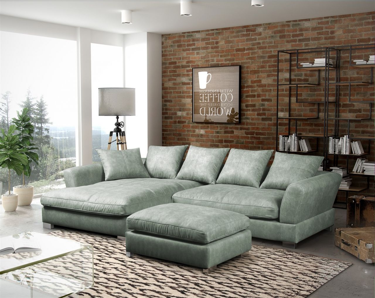 Couchgarnitur TIZIAN L-Form Wildlederoptik- Hellgrau / Links + Hocker