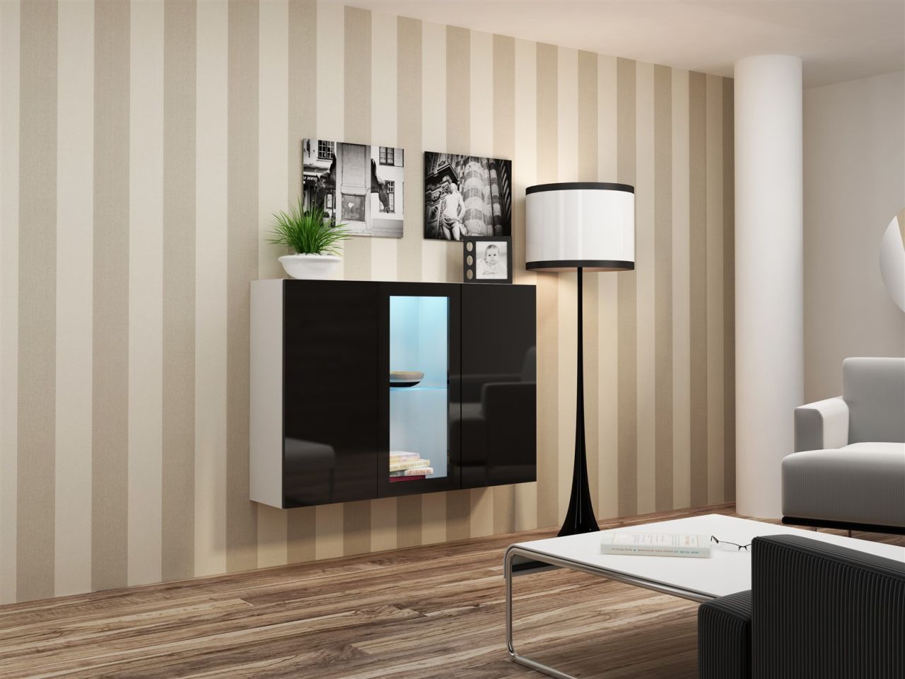 Sideboard Hängesideboard 'LUGO' 120x38x90 cm Weiss/Schwarz HGL mit LED