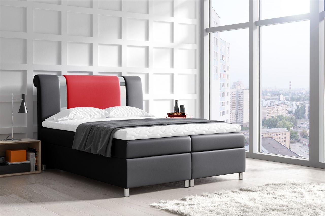 Boxspringbett Schlafzimmerbett NATHAN 140x200cm Kunstleder Schwarz-Rot