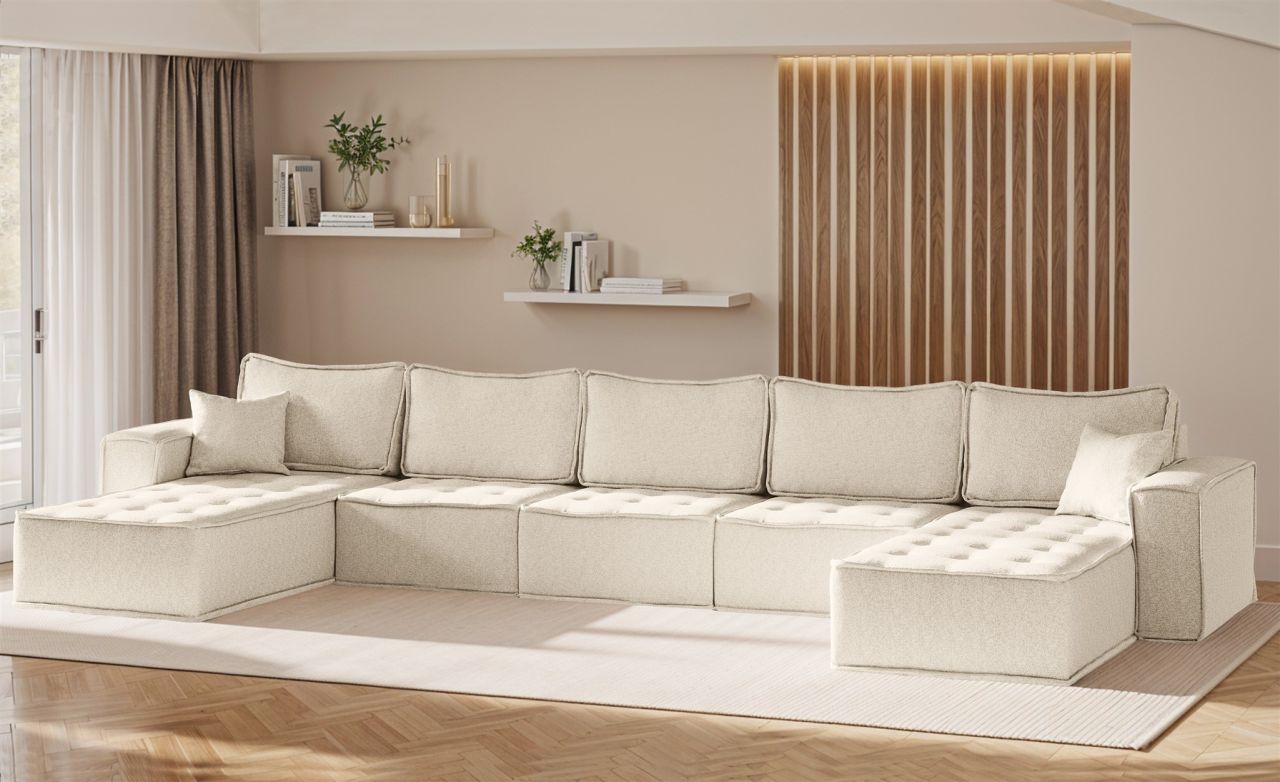 Wohnlandschaft Sofa U-Form Modulsofa-Set 5-teilig SANDE Stoff Alpine Beige