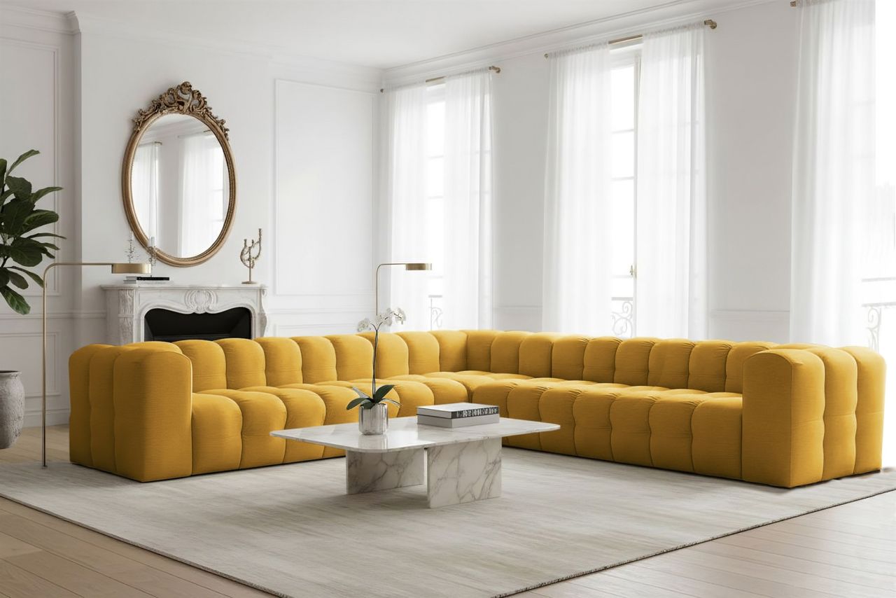 Ecksofa Designersofa SOLVIE XL in Stoff Tiffani Honiggelb Seite Universal