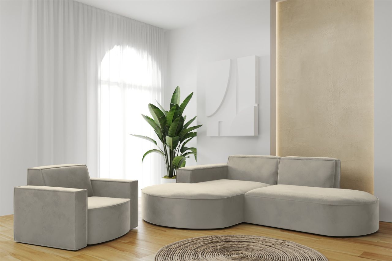 Sofa Set 2-teilig Sessel und Ecksofa PALMA XS Stoff Opera Pearl Ottomane Links