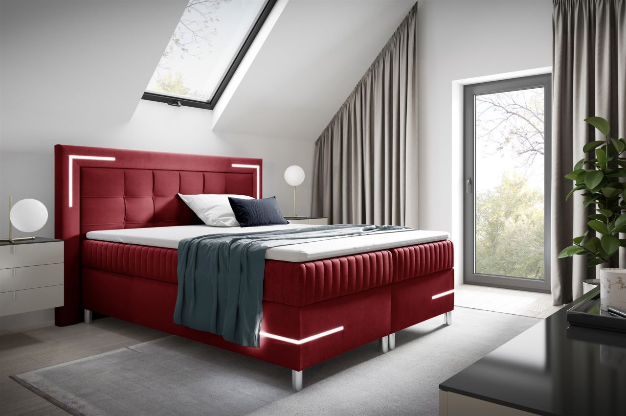 Boxspringbett Schlafzimmerbett 180x200cm AMORE Nr.2 Rot inkl. LED-Beleuchtung