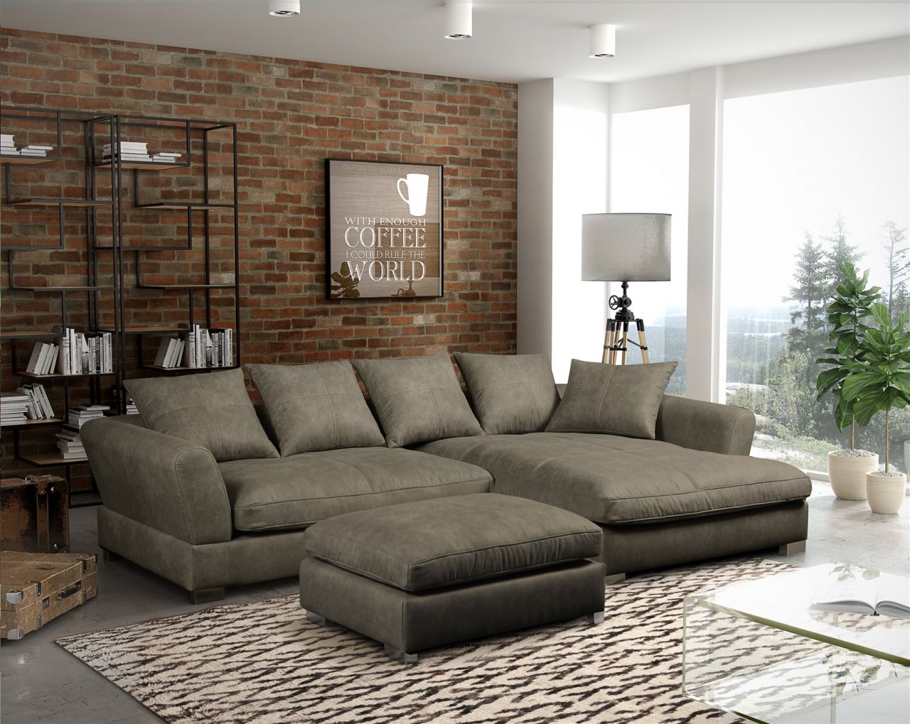 Couchgarnitur TIZIAN L-Form Wildlederoptik-Grau/Otto..Rechts + Hocker