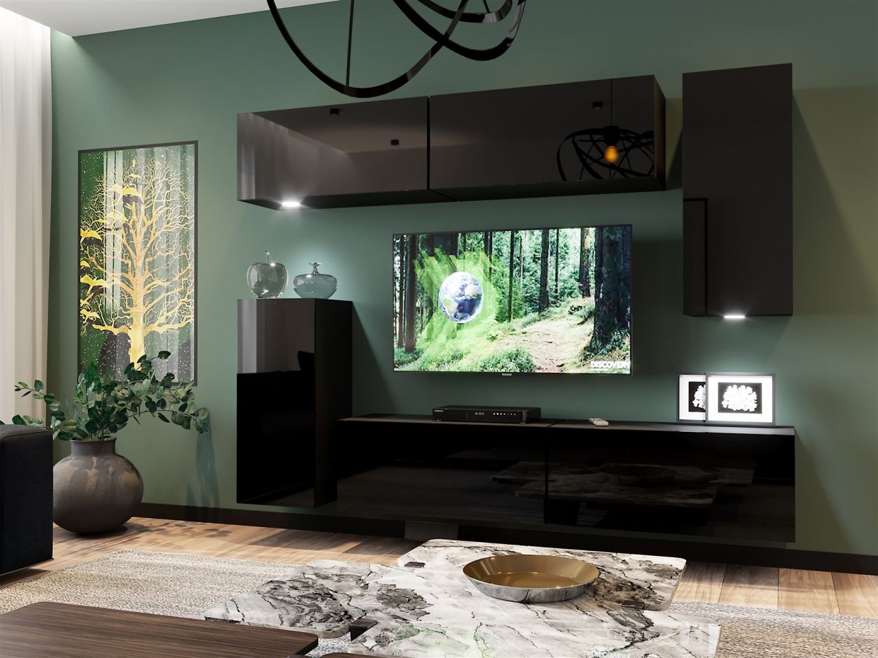 Mediawand Wohnwand 6 tlg - NEXI XL 38 - Schwarz Hochglanz inkl. LED