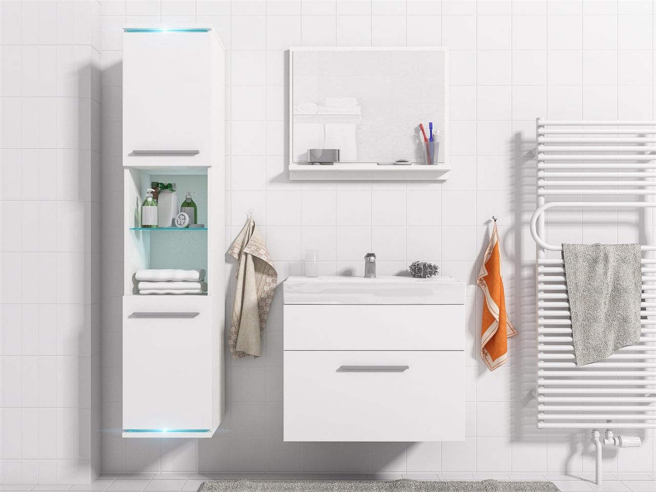 Badmöbel Set 4-Tlg Weiss matt TOPI inkl.Waschtisch inkl.LED