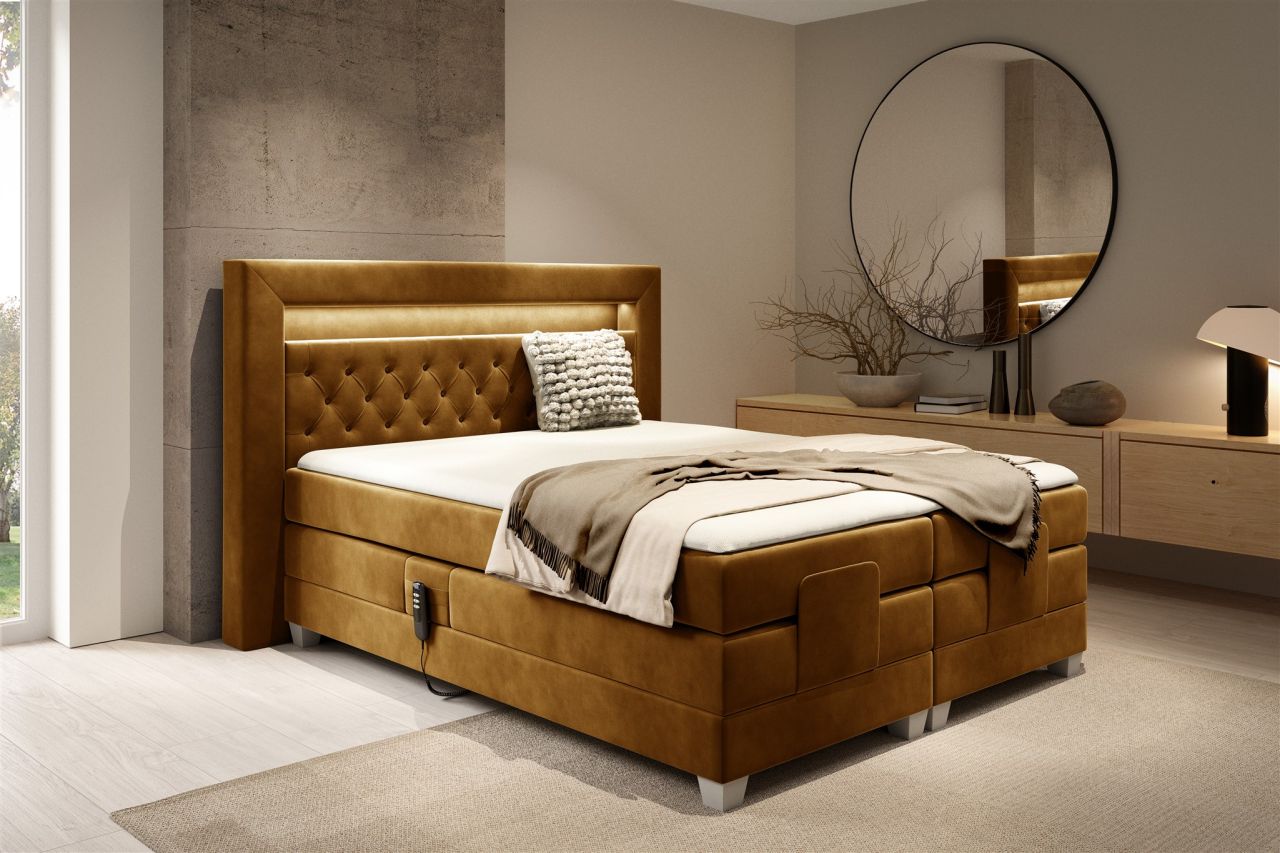 Boxspringbett Elektrisch Bett ARMANDO 140x200cm in Stoff Fresh Senfgelb