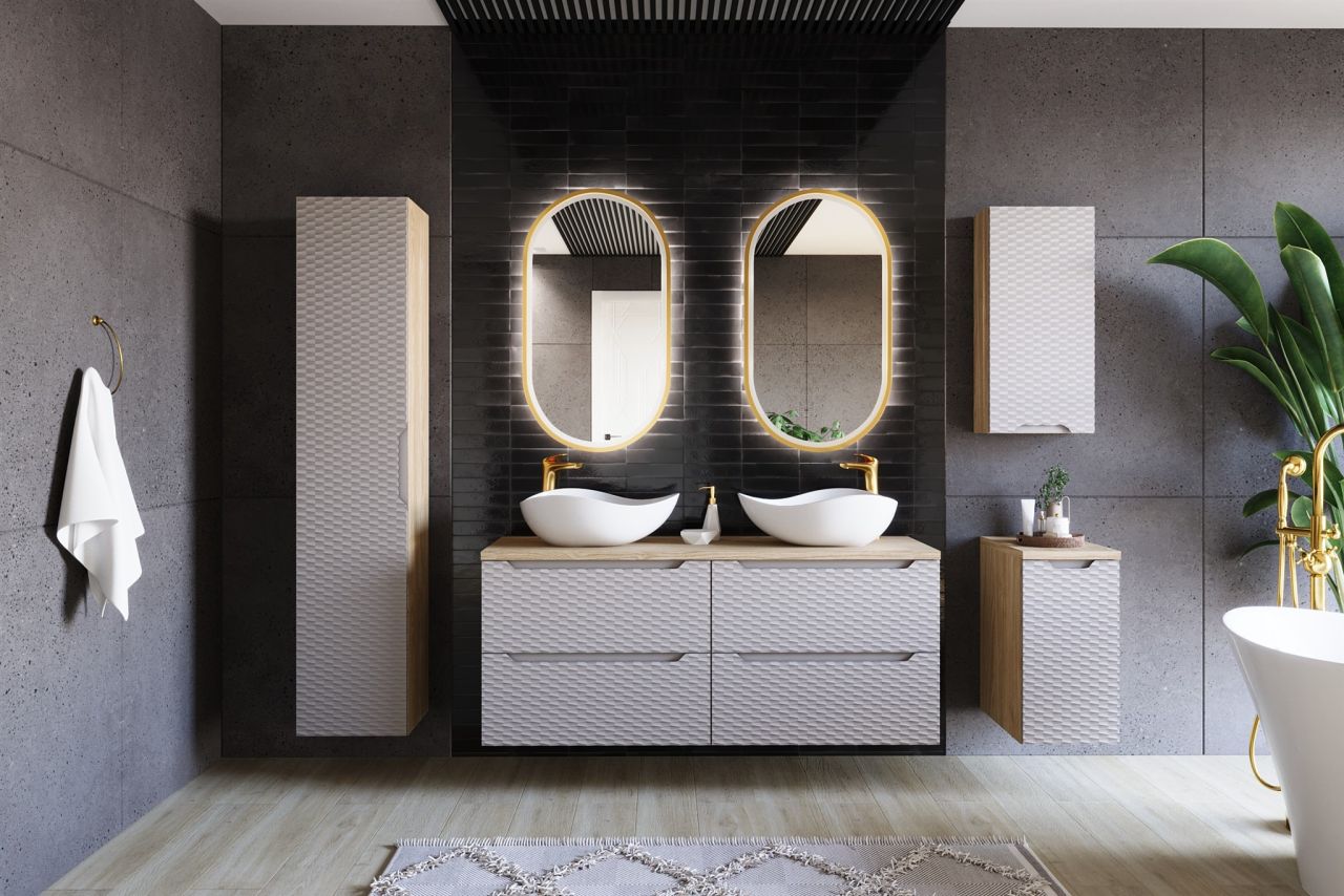 Badmöbel Set 7-tlg Badezimmerset LAXY Eiche Beige ohne Waschtisch