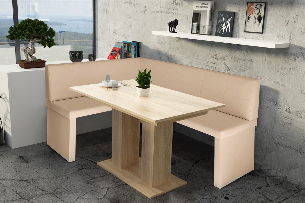 Eckbankgruppe 168x128 cm ROBIN R Creme / Esstisch DANTE Sonoma Eiche
