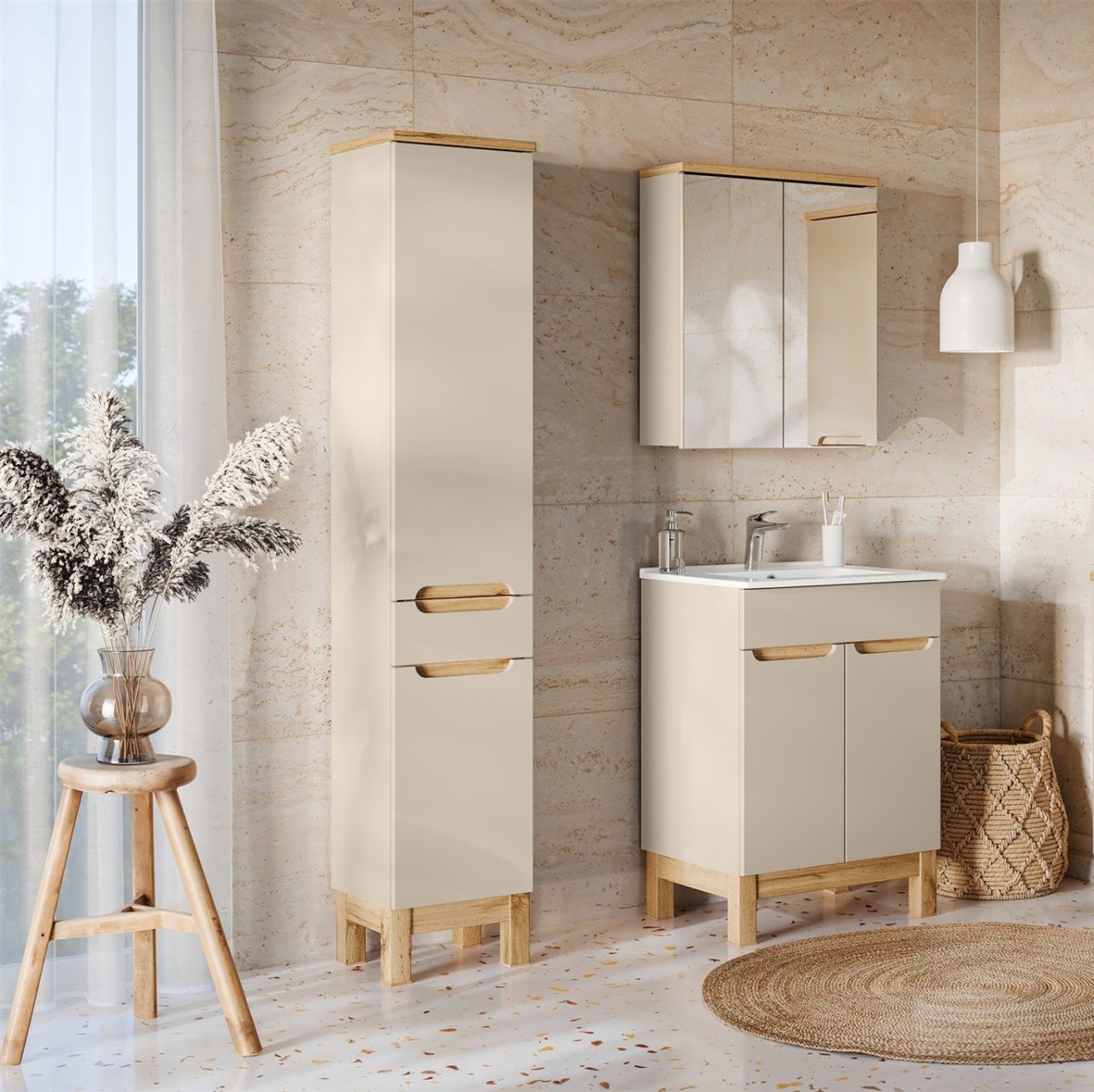 Badmöbel Set 3-tlg Badezimmerset DEVI Cashmere inkl. Waschtisch 60 cm