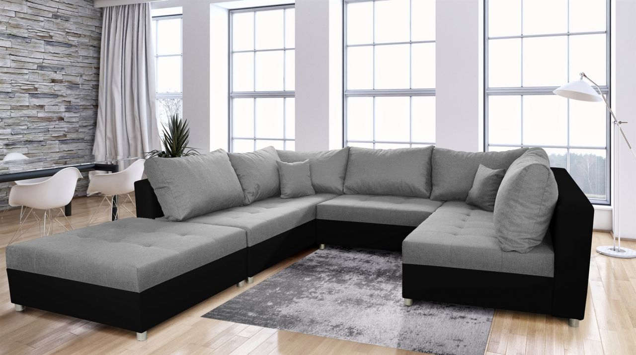 Wohnlandschaft Sofa ANDRO mit Schlaffunktion und Hocker Schwarz-Grau