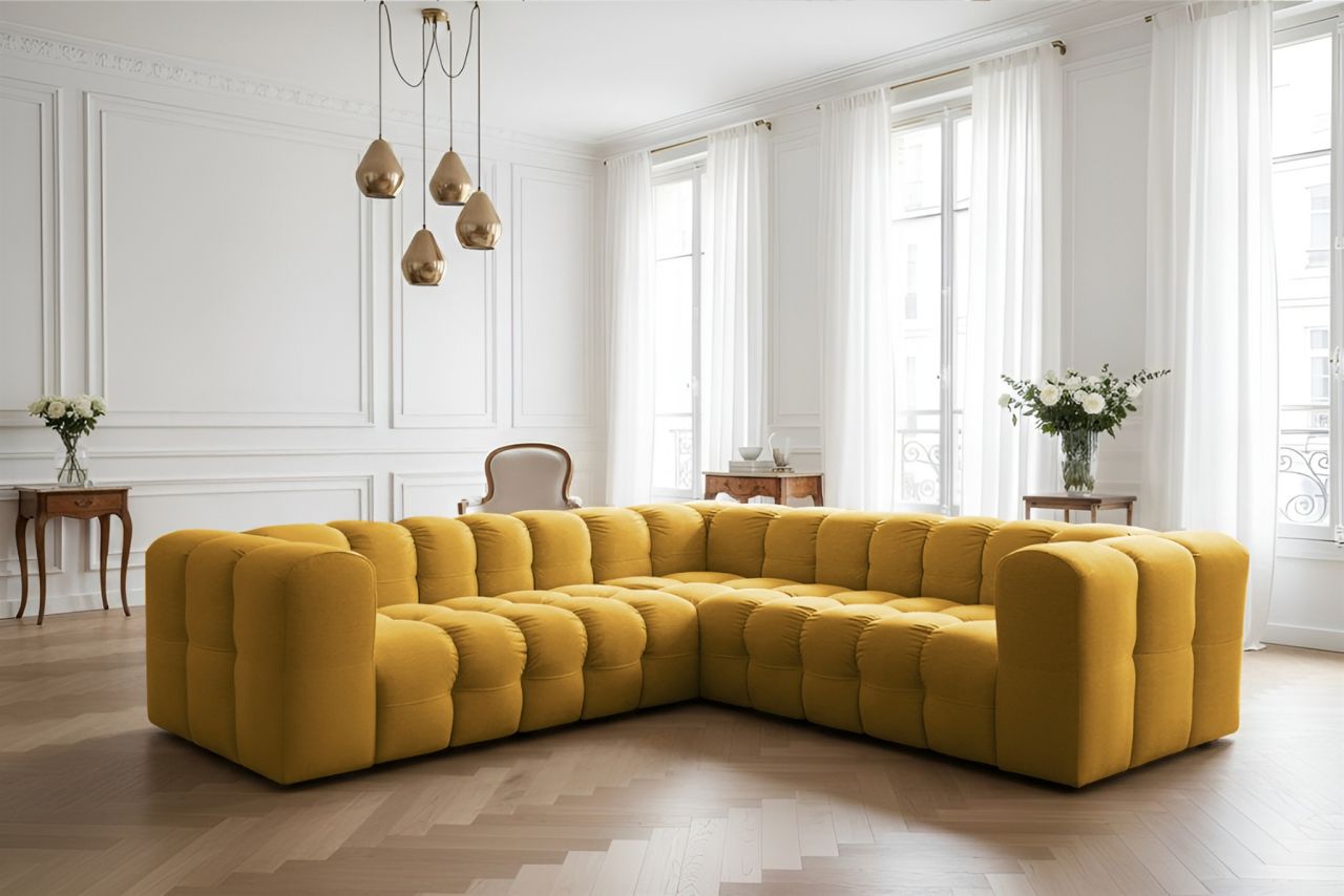 Ecksofa Designersofa SOLVIE XS in Stoff Tiffani Honiggelb Seite Universal