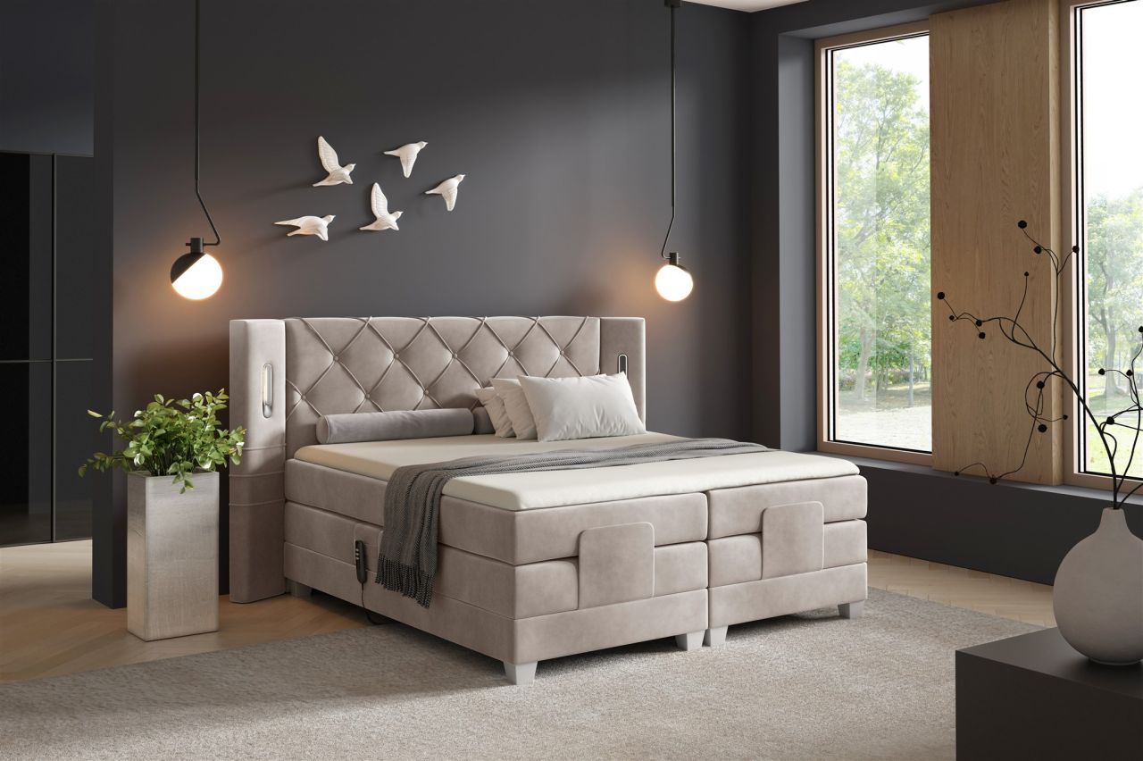 Boxspringbett Elektrisch Bett STEVE 140x200cm in Stoff Fresh Beige