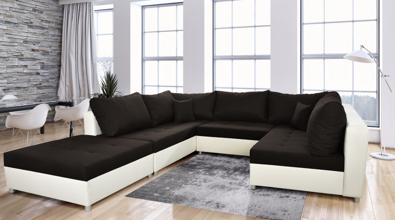 Wohnlandschaft Sofa ANDRO mit Schlaffunktion und Hocker Weiss-Schwarz