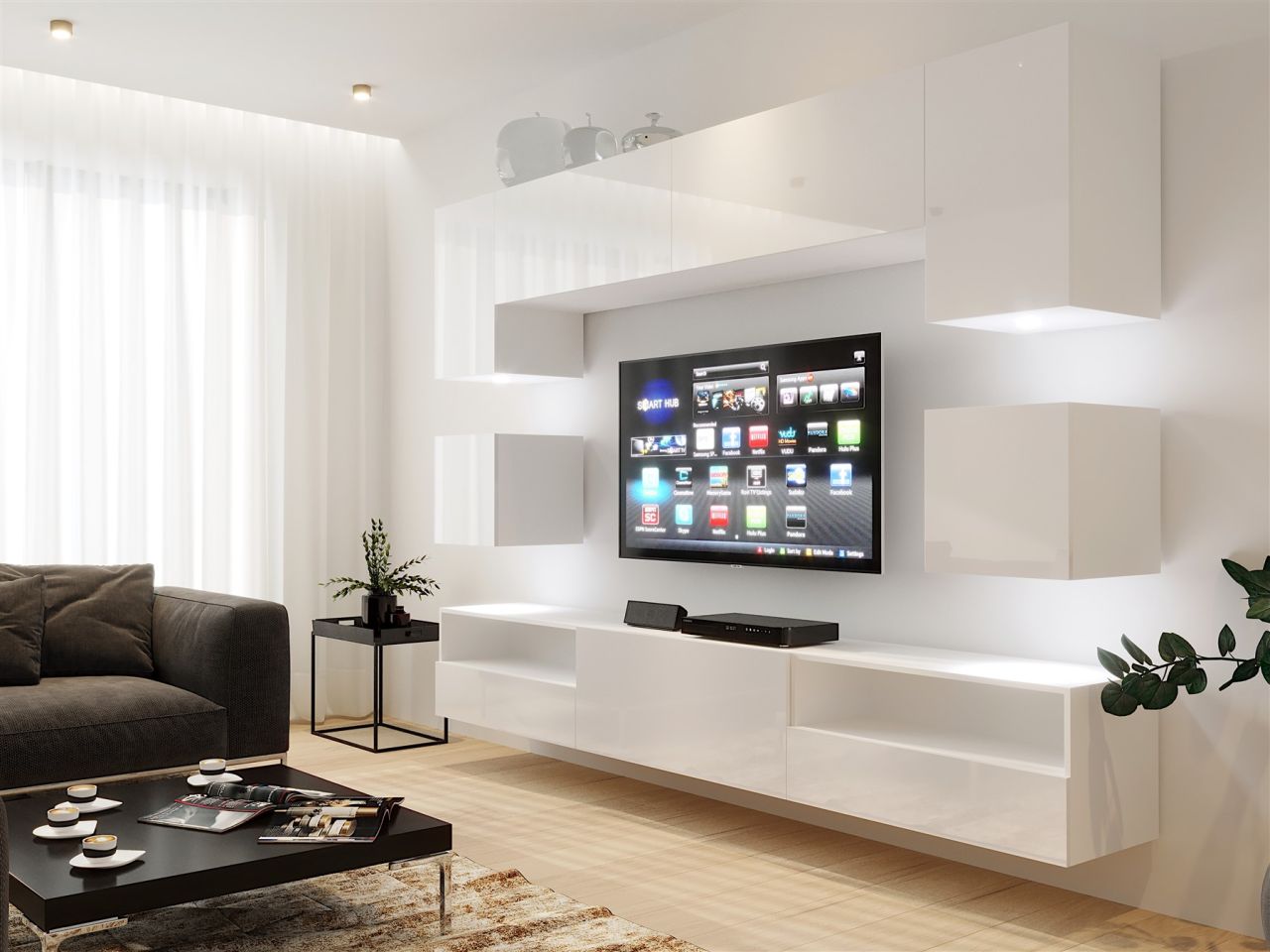 Mediawand Wohnwand 9 tlg - NEXI XL 17 - Weiss Hochglanz inkl. LED