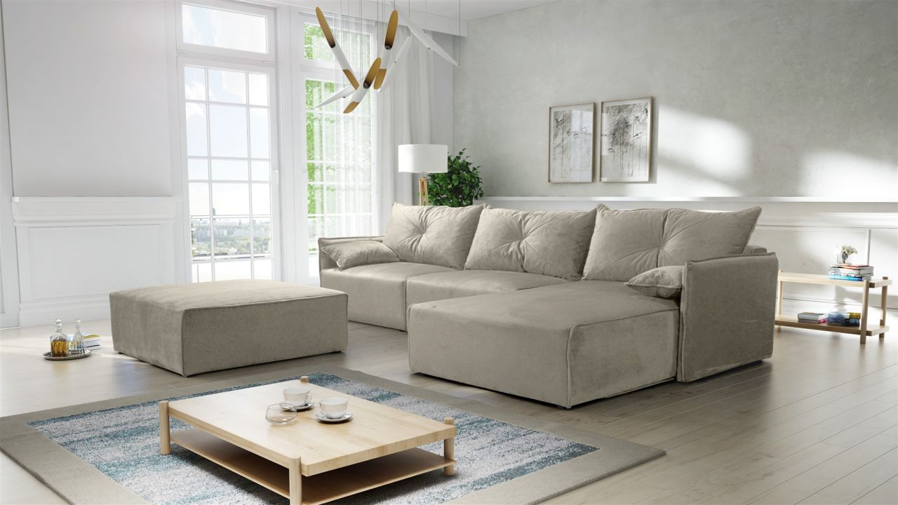 Ecksofa mit Schlaffunktion HUNTER in Royal Graubeige Ottomane Rechts inkl. Ho...