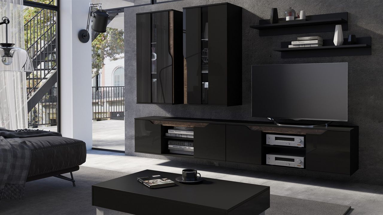 Mediawand Wohnwand 6 tlg DALLAS Schwarz Hochglanz / Eiche Monastery