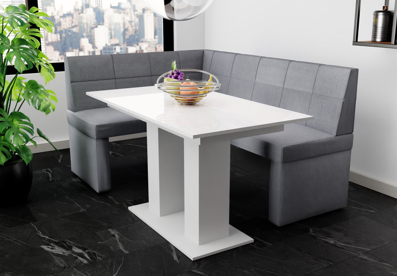 Eckbankgruppe 196x142 cm BLAKE XL R Stoff Soro Grau / Esstisch DANTE Weiß HGL