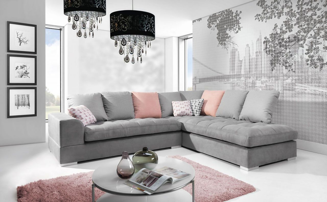 Ecksofa Sofa SANI Polyesterstoff Hellgrau Ottomane Rechts