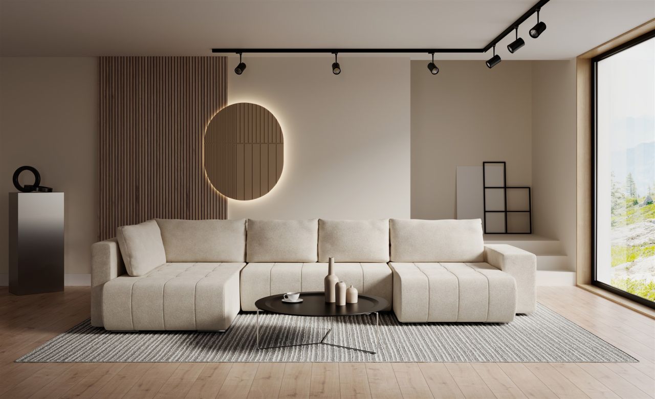 Wohnlandschaft Schlafsofa ARMANDA in Stoff Blur Creme langer Schenkel Links