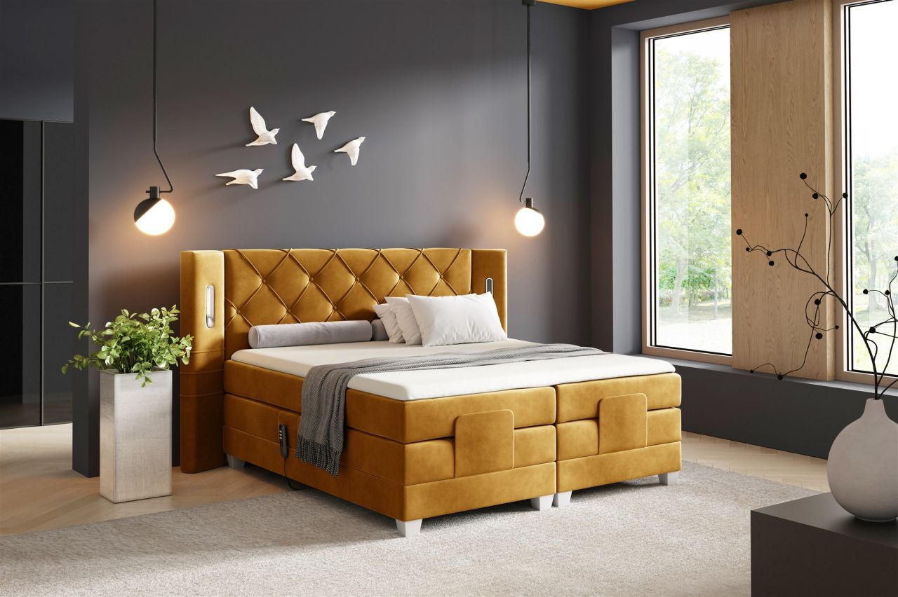 Boxspringbett Elektrisch Bett STEVE 200x200cm in Stoff Fresh Senfgelb