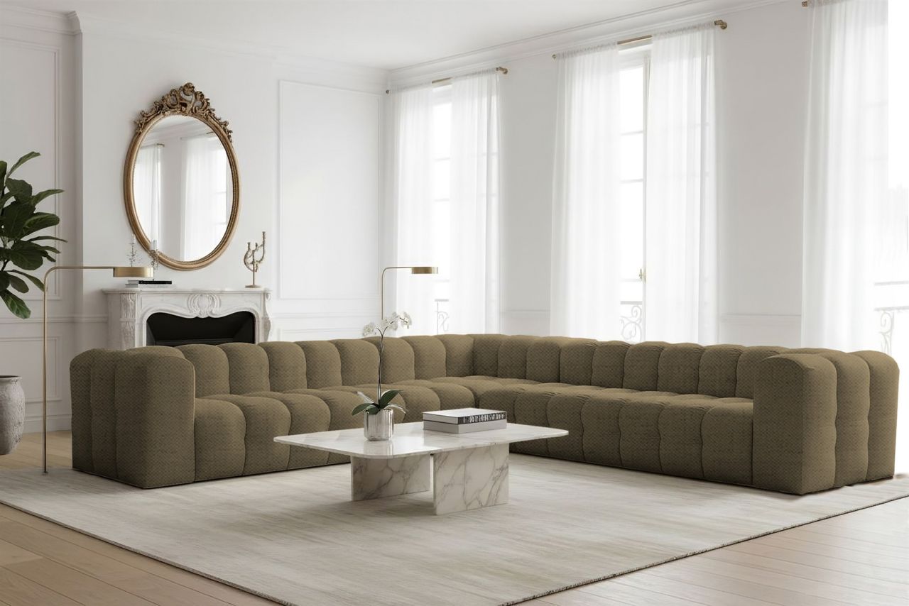 Ecksofa Designersofa SOLVIE XL in Stoff Moly Moosgrün Seite Universal