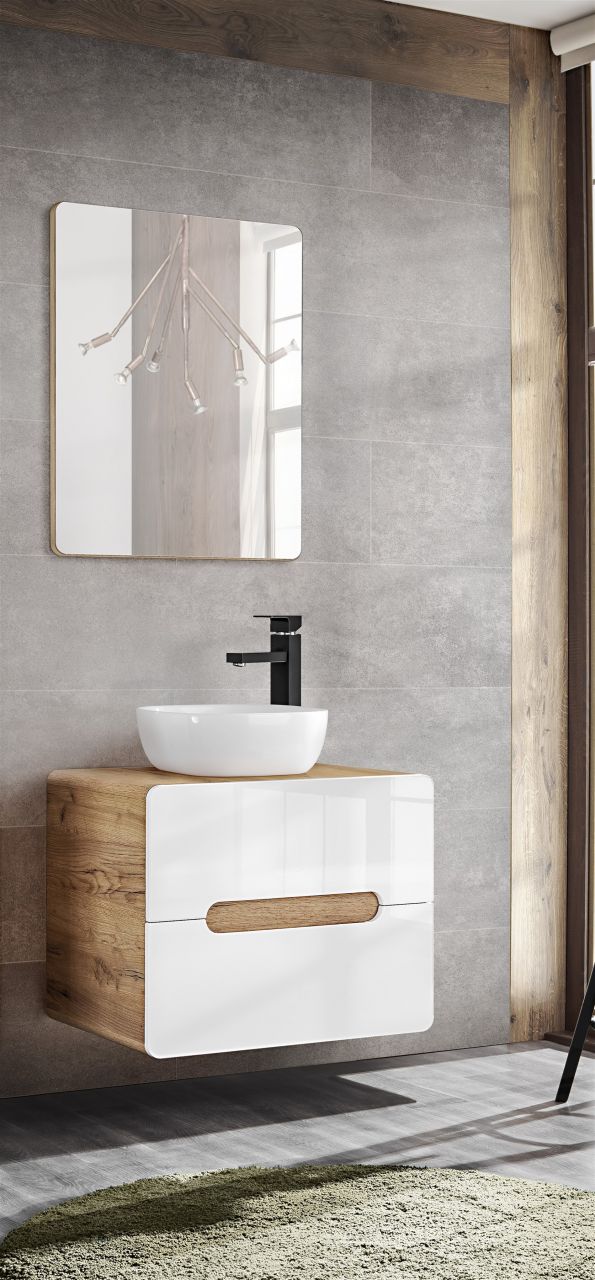 Badmöbel Set 2-tlg Badezimmerset FERMO Weiss HGL 80cm ohne Waschtisch