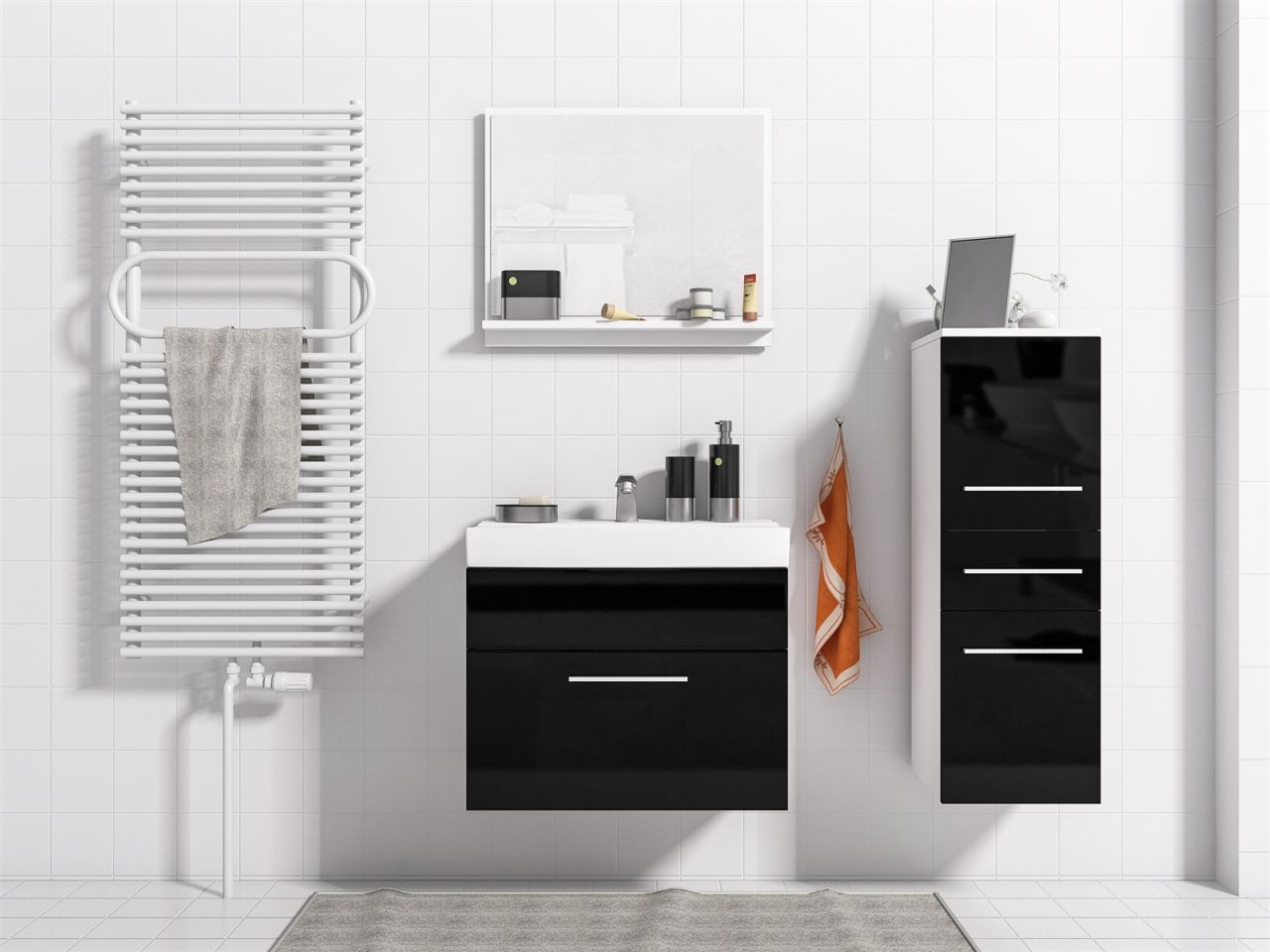 Badmöbel Set 4-Tlg Weiss / Schwarz Hochglanz LUCY S inkl.Waschtisch