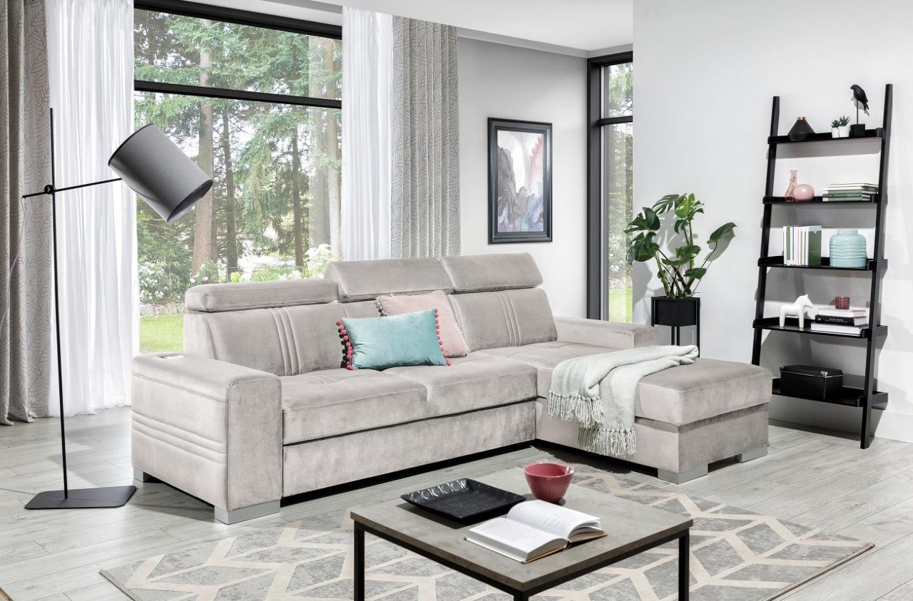 Ecksofa Schlafsofa NOLAN XS inkl. USB in Stoff Element Creme Ottomane Rechts