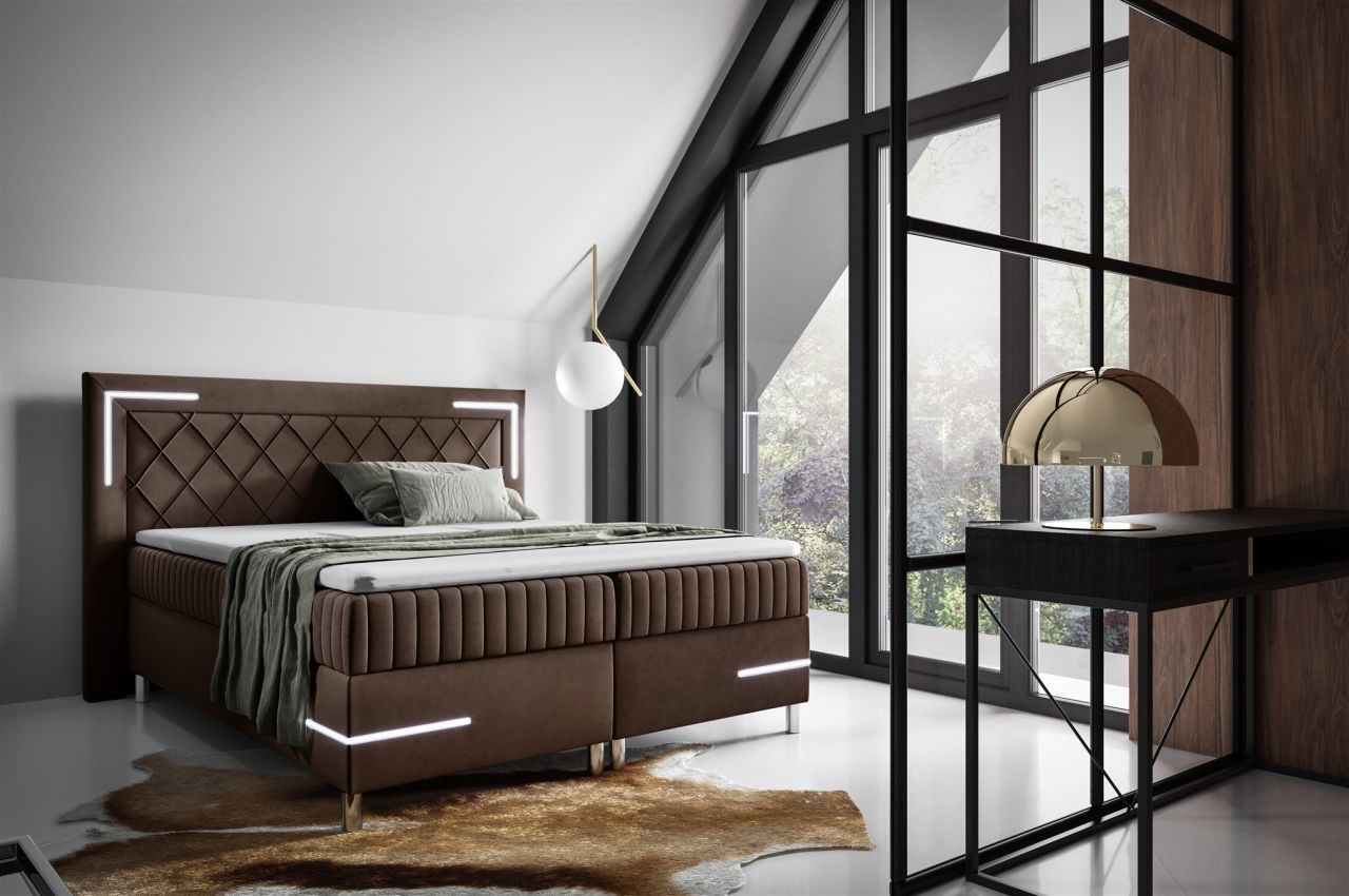 Boxspringbett Schlafzimmerbett 160x200cm AMORE Nr.3 Braun inkl. LED-Beleuchtung