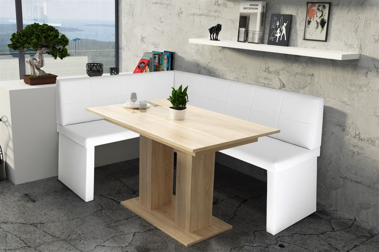 Eckbankgruppe 196x142 cm ROBIN XL R Weiss / Esstisch DANTE Sonoma