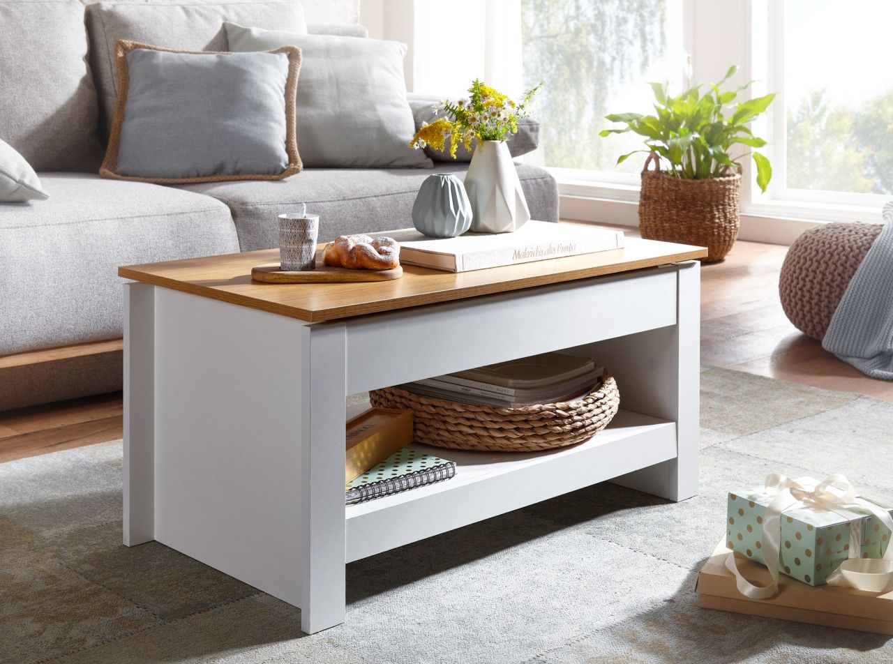 Couchtisch Sofatisch Wohnzimmertisch MIRA 85x47x42cm inkl. Staufach Weiß