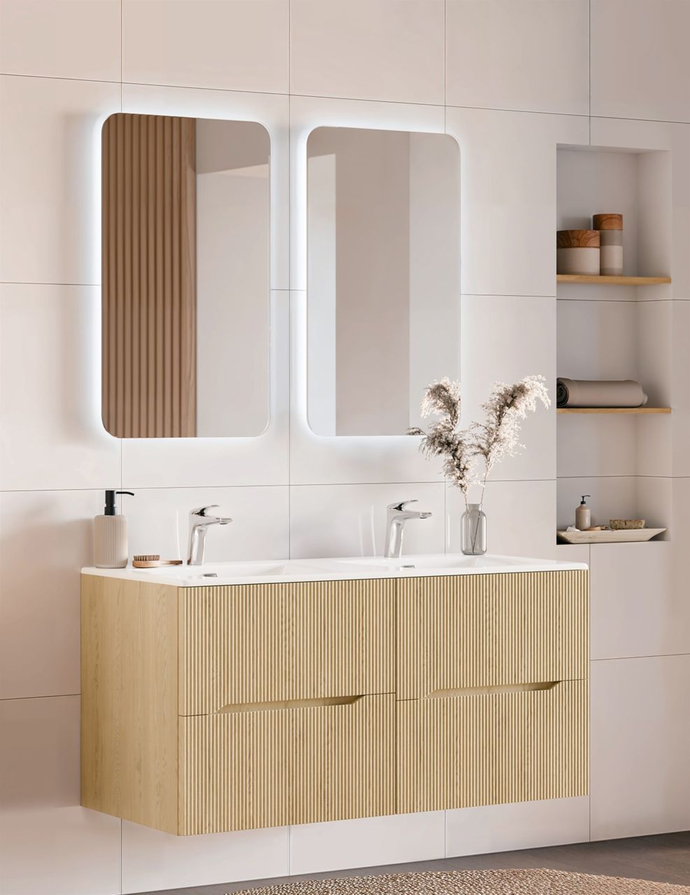 Badmöbel Set 4-tlg Badezimmerset AVOLI Cremona Eiche 2 Spiegel inkl. Waschtisch