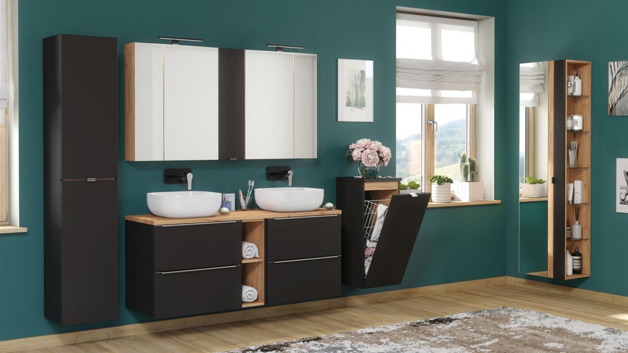 Badmöbel Set 10-tlg Badezimmerset PERUGIA Schwarz ohne Waschbecken