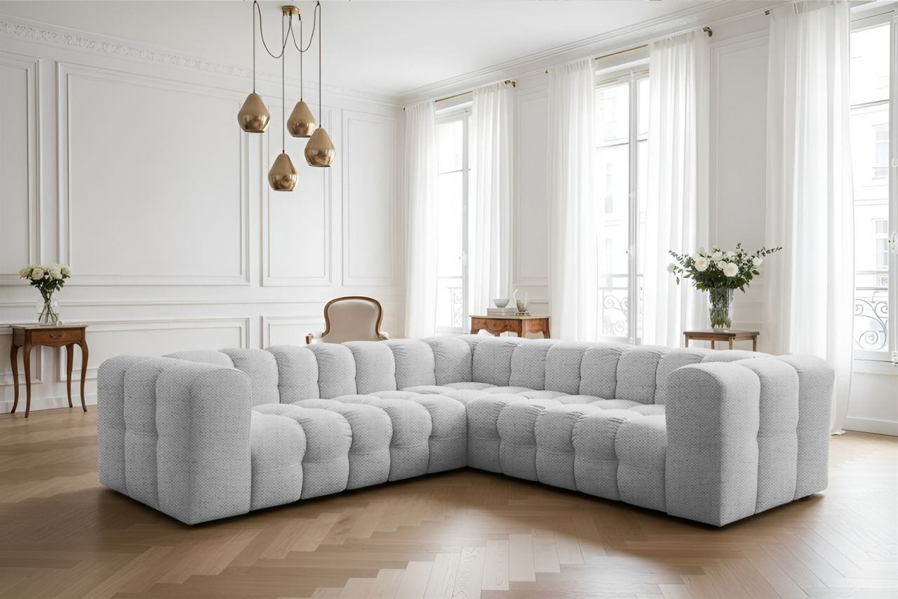 Ecksofa Designersofa SOLVIE XS in Stoff Moly Hellgrau Seite Universal