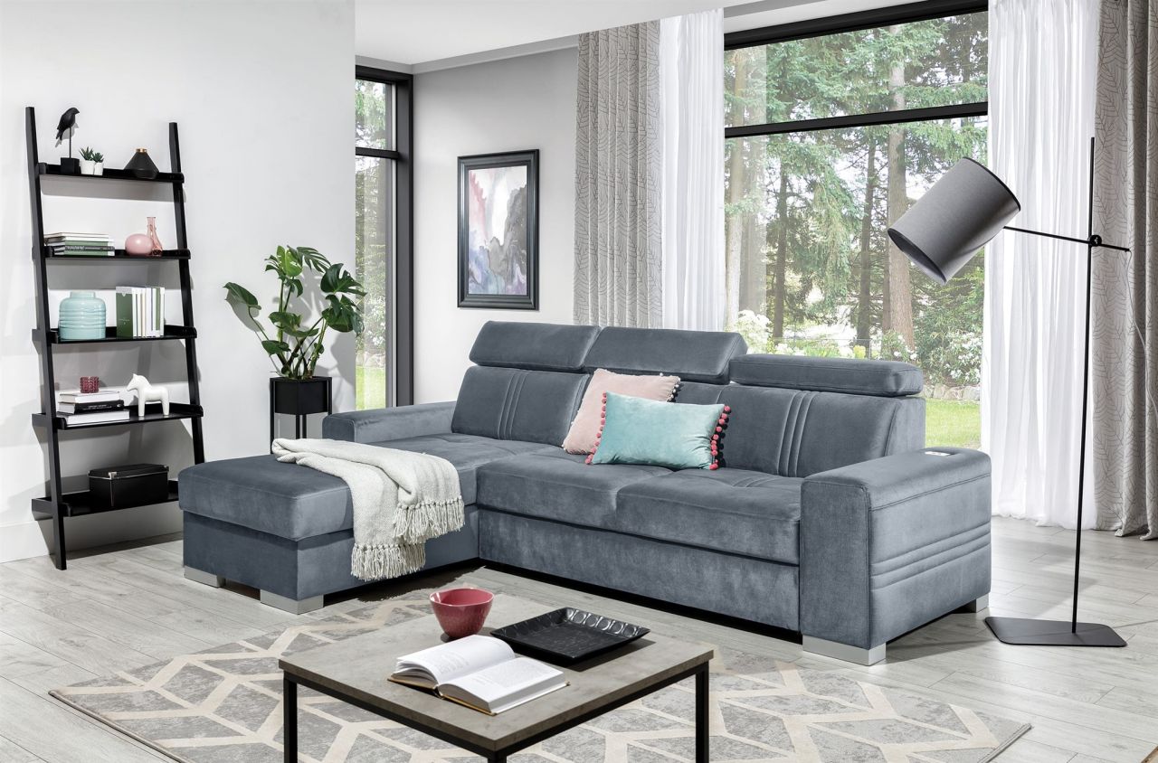 Ecksofa Schlafsofa NOLAN XS inkl. USB in Stoff Element Grau Ottomane Links
