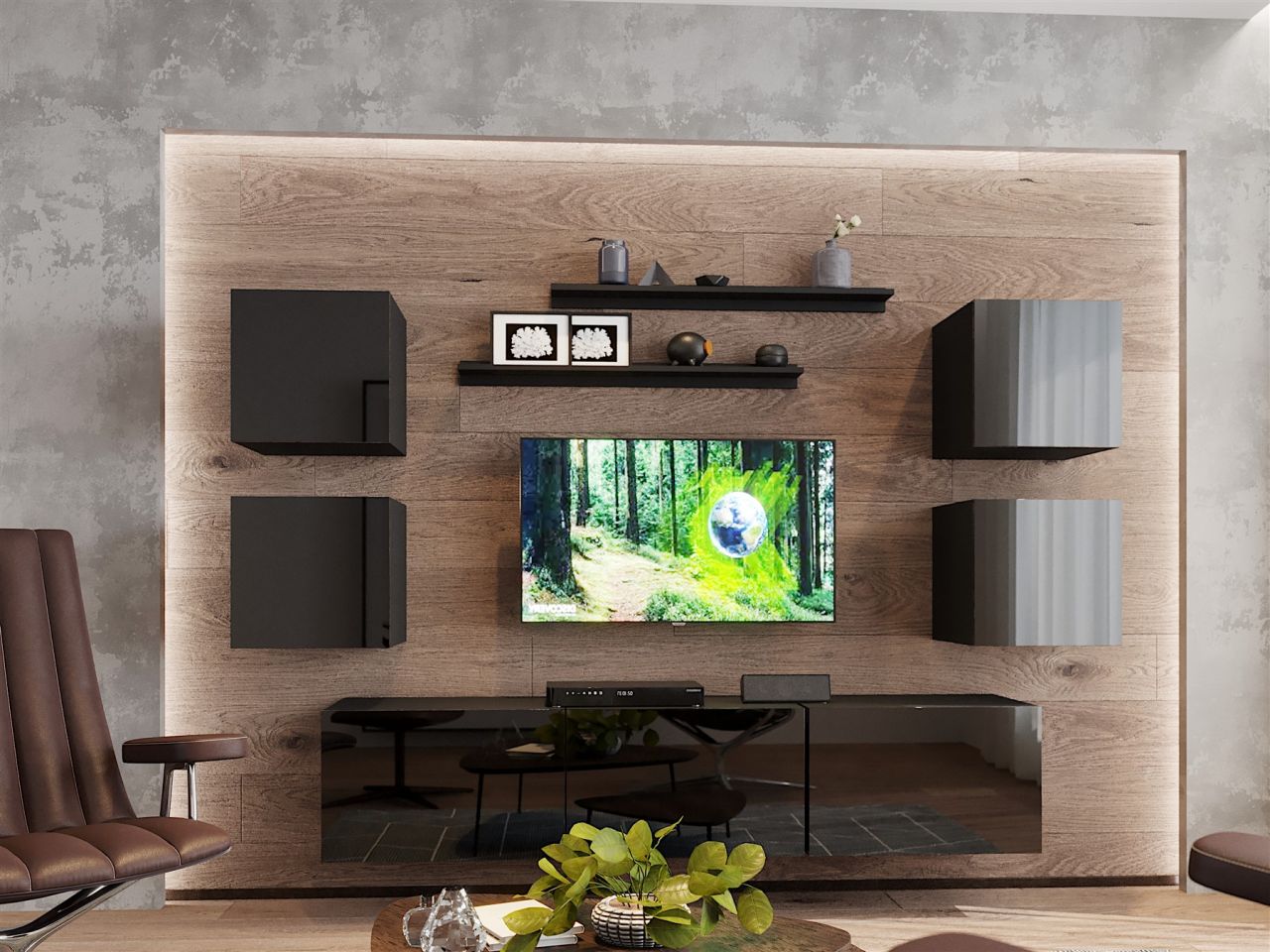 Mediawand Wohnwand 8 tlg - NEXI XL 35 - Schwarz Hochglanz