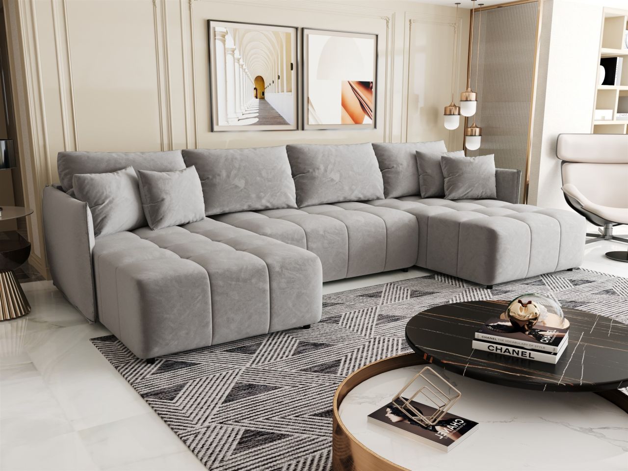 Wohnlandschaft Schlafsofa Sofa TREVISO Stoff Monolith Hellgrau