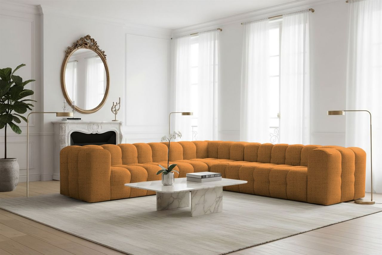 Ecksofa Designersofa SOLVIE in Stoff Moly Orange Seite Universal