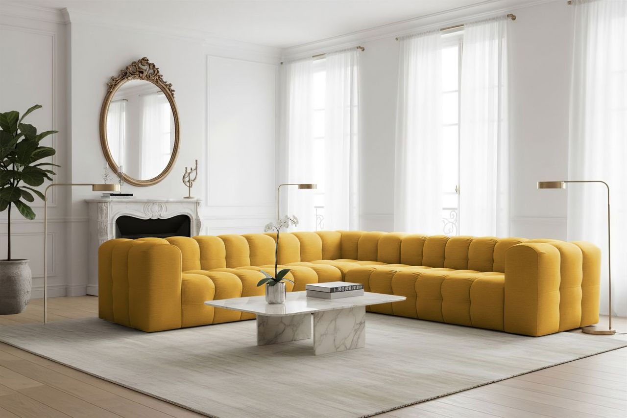 Ecksofa Designersofa SOLVIE in Stoff Tiffani Honiggelb Seite Universal