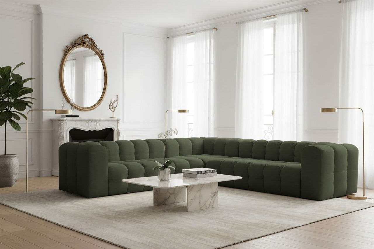 Ecksofa Designersofa SOLVIE in Stoff Tiffani Grün Seite Universal